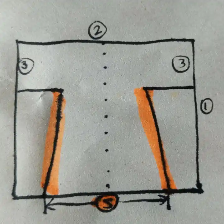 align measurement 5 centered on the fabric on the bottom, connect its end points to the end points of measurement 4