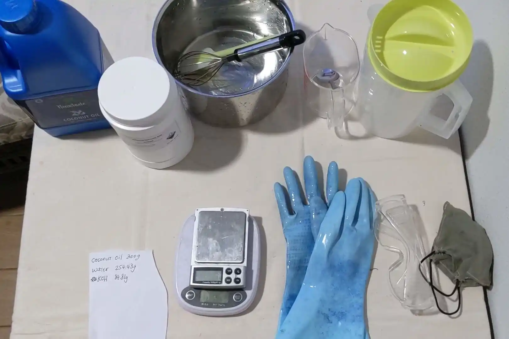 liquid soap workstation with tools and materials prepared