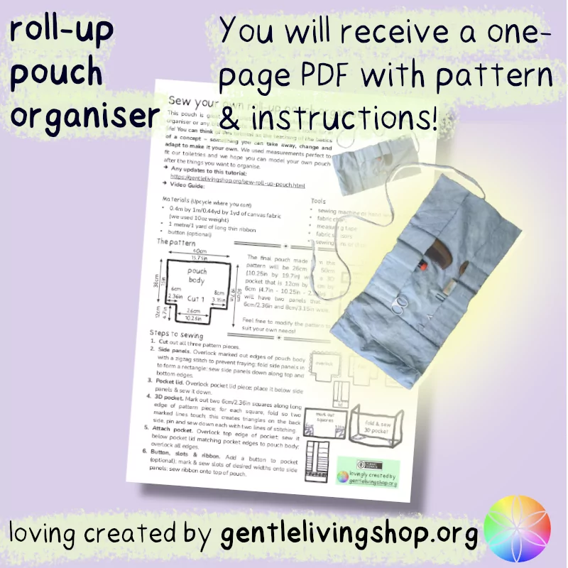 you will receive a one-page PDF of sewing pattern and instructions for the roll-up pouch