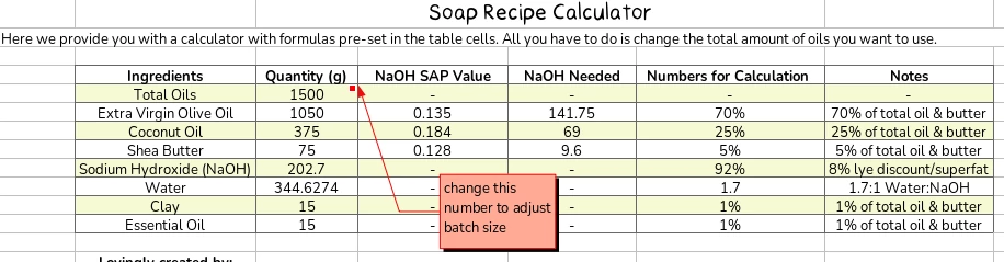 screenshot of soap recipe calculator